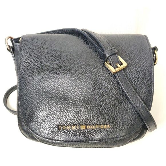 VTG TOMMY HILFIGER BLUE GENUINE LEATHER MESSENGER SHOULDER BAG X-BODY HANDBAG - Picture 1 of 12